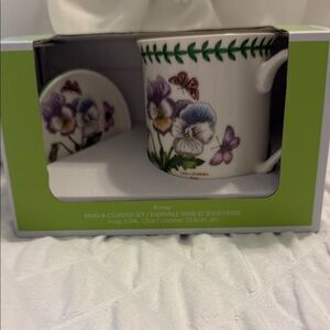Portmeirion Pansy Mug & Coaster Set - White with Purple and Green Floral